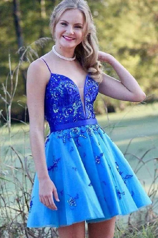 One Shoulder Party Dresses with Lace Overlay for Ladies' Sophisticated AppealSpaghetti Straps Low Cut Blue Homecoming Dress with Appliques Beading PD198