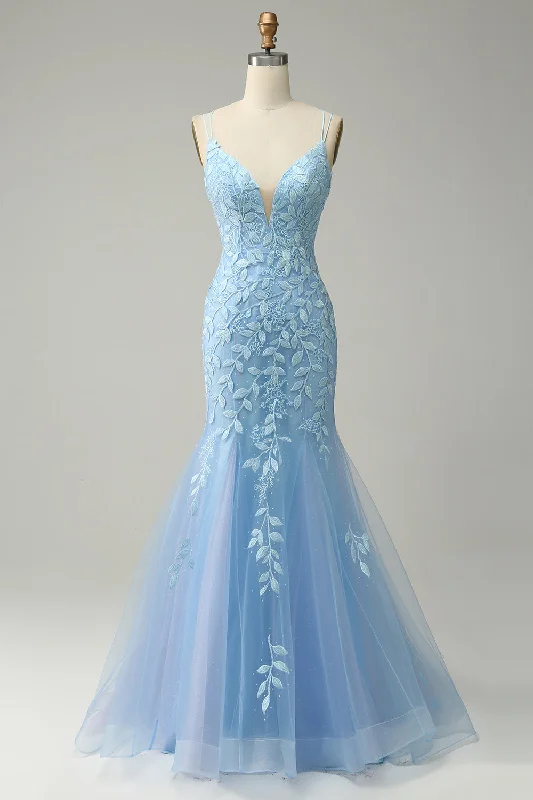 Metallic Party Dresses with Sequined Straps for Ladies' New Year's Eve PartiesSpaghetti Straps Mermaid Blue Long Prom Dress With Appliques