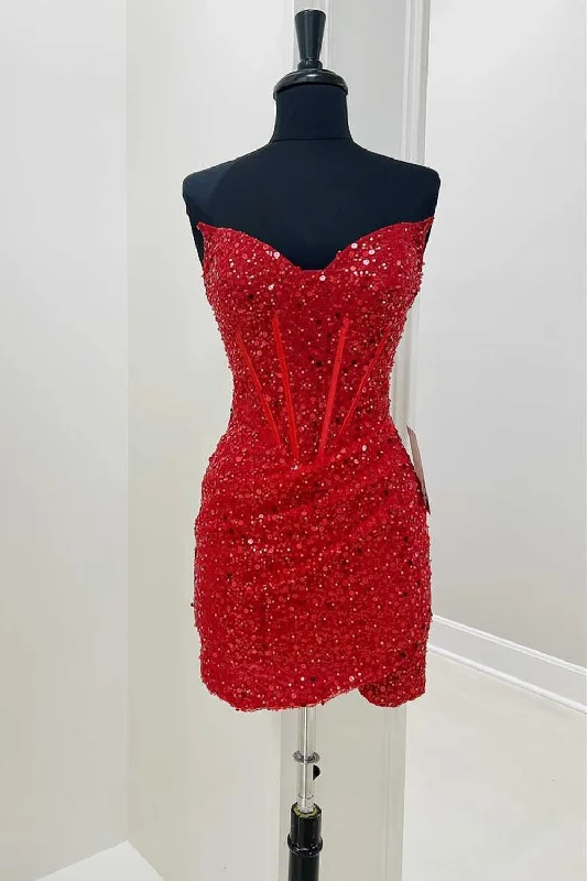 Vintage Inspired Party Dresses for Ladies' Retro Themed GatheringsSparkly Red Sequins Corset Strapless Tight Short Prom Dress