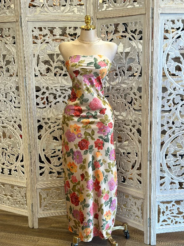 Party Dresses with Sheer Panels and Beaded Trim and Embroidered Paisley Patterns for Ladies' Sultry and Exotic LookStrapless Satin Floral Multi Color Dress- Not Stretchy,No Estira Party Dresses with Sheer Panels and Beaded Trim and Embroidered Paisley Patterns for Ladies' Sultry and Exotic LookStrapless Satin Floral Multi Color Dress- Not Stretchy,No Estira