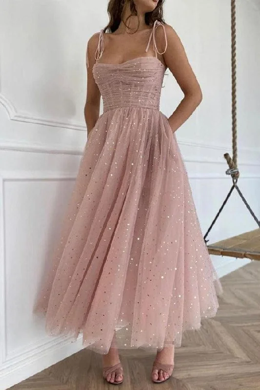 Party Dresses with Rhinestone Embellishments and Sheer Sleeves for Ladies' Luxurious and Alluring LookStraps Tea Length Pink Prom Dresses Tulle Homecoming Dresses PD453 Party Dresses with Rhinestone Embellishments and Sheer Sleeves for Ladies' Luxurious and Alluring LookStraps Tea Length Pink Prom Dresses Tulle Homecoming Dresses PD453
