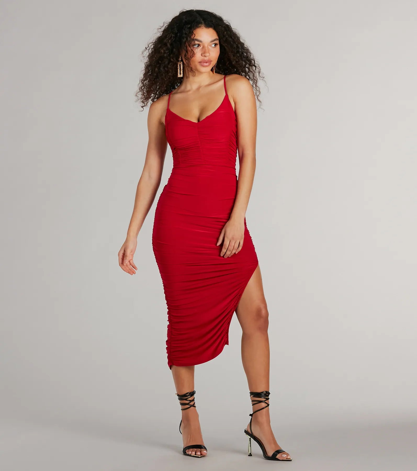 Midi dress for a gym session if it has sufficient stretchSultry Status High Slit Ruched Bodycon Midi Dress