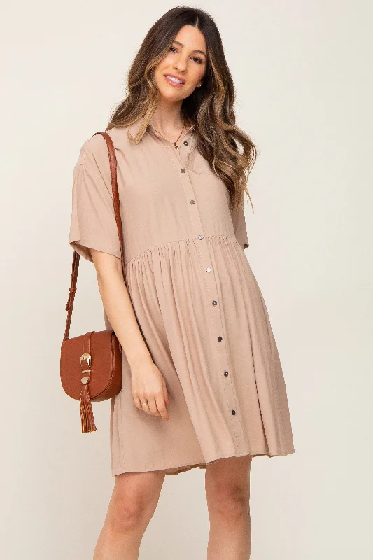 "Black dresses for women for a classic and timeless appearance"Taupe Buttondown Short Sleeve Maternity Dress "Black dresses for women for a classic and timeless appearance"Taupe Buttondown Short Sleeve Maternity Dress