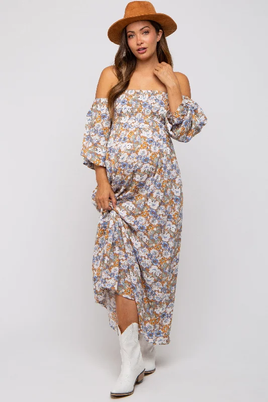"Black tie dresses for women for formal galas"Taupe Floral Print Off Shoulder Smocked Maternity Maxi Dress "Black tie dresses for women for formal galas"Taupe Floral Print Off Shoulder Smocked Maternity Maxi Dress