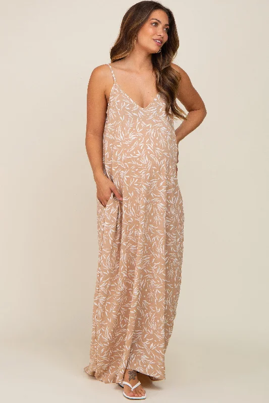 "Wrap dresses for women for an adjustable fit"Taupe Leaf Print Double V-Neck Maternity Maxi Dress "Wrap dresses for women for an adjustable fit"Taupe Leaf Print Double V-Neck Maternity Maxi Dress