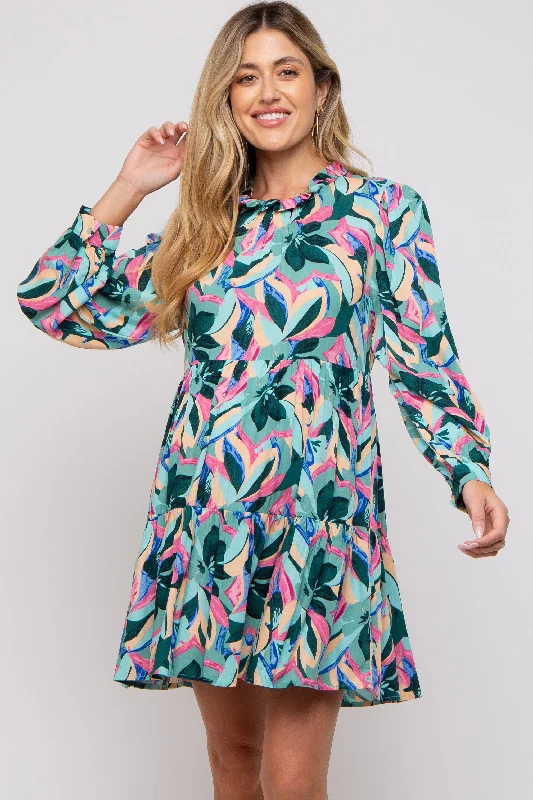 "Striped dresses for women with a classic touch"Teal Floral Ruffle Mock Neck Maternity Dress "Striped dresses for women with a classic touch"Teal Floral Ruffle Mock Neck Maternity Dress