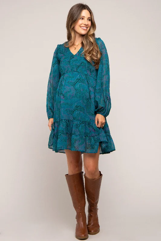 "Pleated dresses for women with a graceful movement"Teal Printed Smocked Long Sleeve Maternity Dress "Pleated dresses for women with a graceful movement"Teal Printed Smocked Long Sleeve Maternity Dress