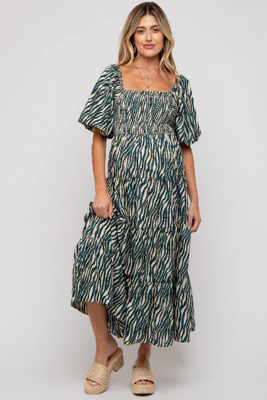 "Animal print dresses for women who love bold styles"Teal Printed Smocked Maternity Maxi Dress "Animal print dresses for women who love bold styles"Teal Printed Smocked Maternity Maxi Dress