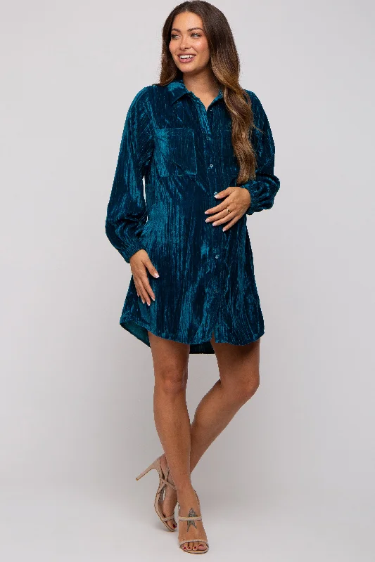 "Mother of the groom dresses for women in sophisticated designs"Teal Velour Button Up Maternity Dress "Mother of the groom dresses for women in sophisticated designs"Teal Velour Button Up Maternity Dress