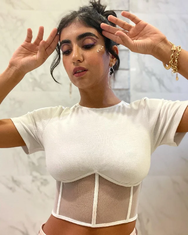 Party Dresses with Pleated Tulle Skirt and Sequined Geometric Shapes and Lace Overlay for Ladies' Princess and Feminine LookTwyla White Mesh Corset T-Shirt