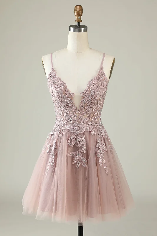 A Line Tulle Party Dresses for Ladies with Petite FiguresV-Neck Blush Beaded Short Prom Dress with Appliques