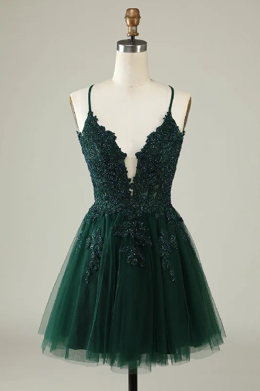 Party Dresses with Ruffled Sleeveless Top and Sequined Bodice and Tulle Skirt for Ladies' Dramatic and Glamorous LookV-Neck Dark Green Beaded Short Prom Dress with Appliques Party Dresses with Ruffled Sleeveless Top and Sequined Bodice and Tulle Skirt for Ladies' Dramatic and Glamorous LookV-Neck Dark Green Beaded Short Prom Dress with Appliques