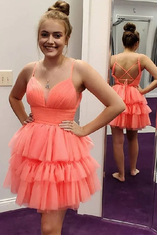 Backless Party Dresses with Rhinestone Embellishments for Ladies' Sexy LookV Neck Layered Coral Short Prom Dresses Homecoming Dresses PD446 Backless Party Dresses with Rhinestone Embellishments for Ladies' Sexy LookV Neck Layered Coral Short Prom Dresses Homecoming Dresses PD446