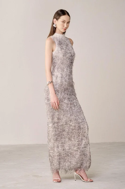 Beaded Party Dresses with Tulle Skirt for Ladies' Formal DancesVedel Halter Backless Faux Fur Ankle Length Dress