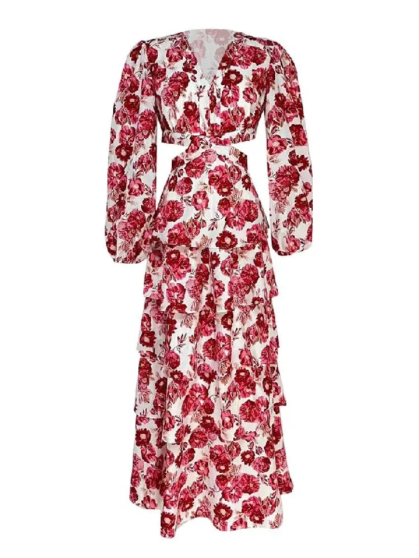 Midi dress for a photoshoot to create a stylish and memorable lookVictoria V Neck Long Sleeve Midi Dress - Red Floral