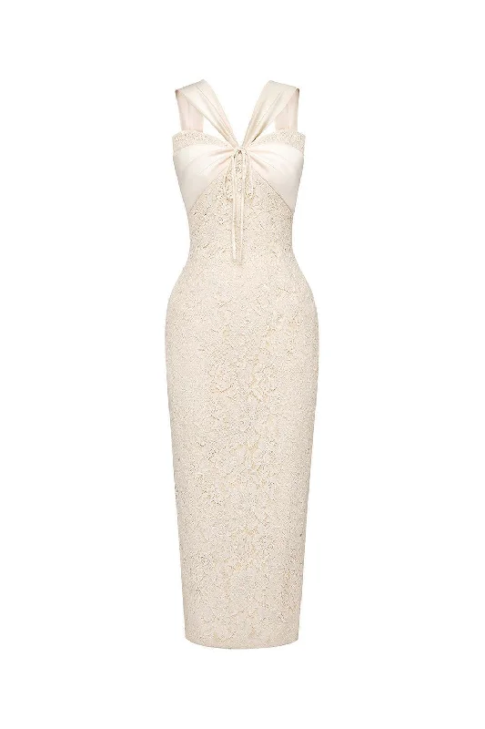 Linen midi dress for a breathable and casual summer optionVittoria Pegged V-Neck Lace Midi Dress