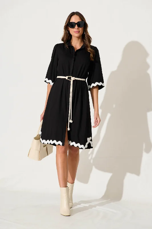 Party Dresses with Beaded Floral Wreath on the Bodice and High Low Hem for Ladies' Delicate and Dramatic LookWatsonia Midi Shirt Dress In Black With Ric Rac Trim