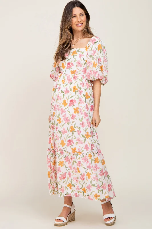 "Exclusive Discount: 30% Off All Women's Dresses for a Limited Period"White Floral Puff Sleeve Maternity Maxi Dress "Exclusive Discount: 30% Off All Women's Dresses for a Limited Period"White Floral Puff Sleeve Maternity Maxi Dress