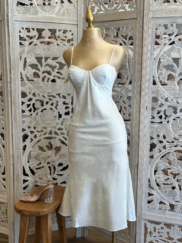 Party Dresses with Beaded Floral Wreath on the Bodice and High Low Hem for Ladies' Delicate and Dramatic LookWhite Satin Pattern Slip Dress- Not Stretchy 100% Polyester