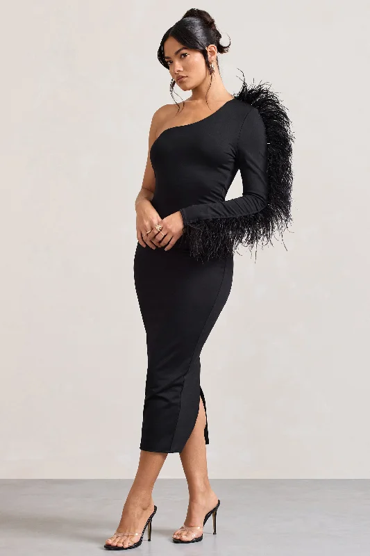 Bow - decorated midi dress for a feminine and charming lookWild One | Black One-Shoulder Bodycon Midi Dress With Feather-Trimmed Sleeve