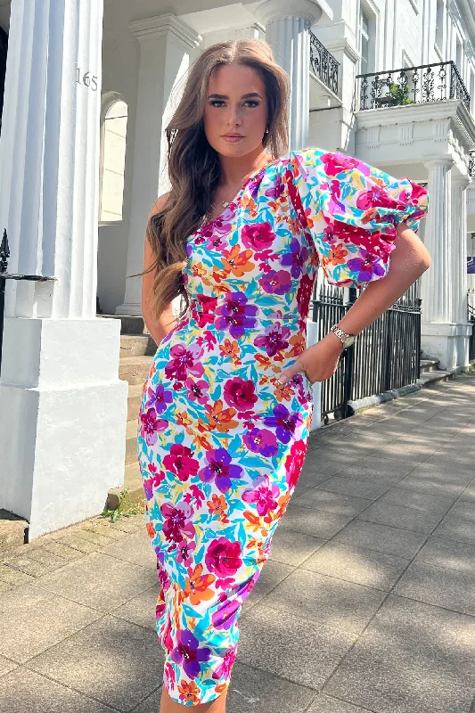 Midi dress for a family gathering in a casual settingWillow Bright Floral One Shoulder Midi Dress