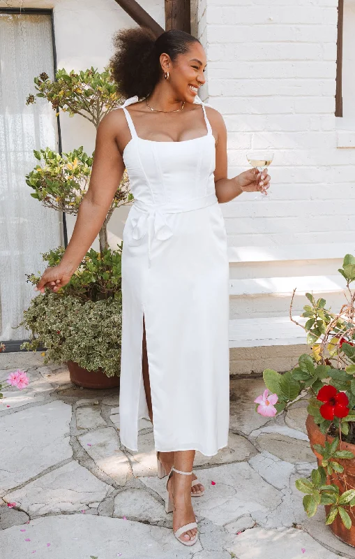 90s - inspired grunge midi dress with a casual and edgy lookWillow Midi Dress ~ Ivory Luxe Satin