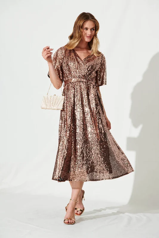Square neck midi dress for a vintage - inspired charmWinslet Midi Dress In Rose Gold Sequin