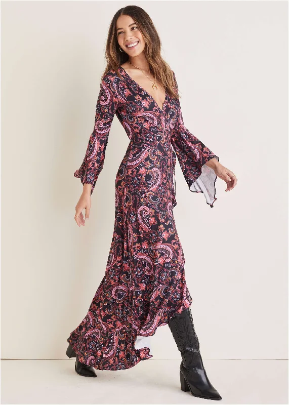 Party Dresses with Sheer Sleeve and Sequined Cuffs and Embroidered Bodice for Ladies' Elegant and Sparkly LookPaisley Wrap Maxi Dress - Multi-Paisley