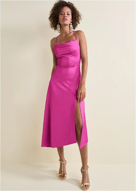 80s - inspired power - dressing midi dress with a bold styleSatin Midi Dress  - Fuchsia