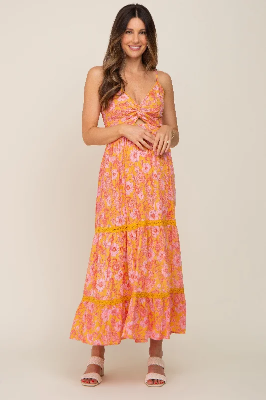 "New Arrivals Discount: 20% Off on Latest Women's Dress Collections"Yellow Floral Front Knot Cutout Crochet Trim Maternity Maxi Dress "New Arrivals Discount: 20% Off on Latest Women's Dress Collections"Yellow Floral Front Knot Cutout Crochet Trim Maternity Maxi Dress
