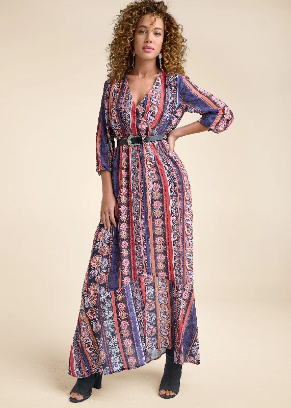 Party Dresses with Embroidered Stars and Sequined Dots and Sheer Sleeve for Ladies' Celestial and Elegant LookPrinted Stripe Long Dress - Orange Multi Party Dresses with Embroidered Stars and Sequined Dots and Sheer Sleeve for Ladies' Celestial and Elegant LookPrinted Stripe Long Dress - Orange Multi