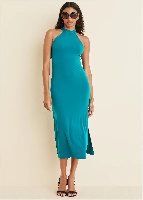 Drawstring - waist midi dress for a customizable and comfortable fitHigh Neck Midi Dress - Teal