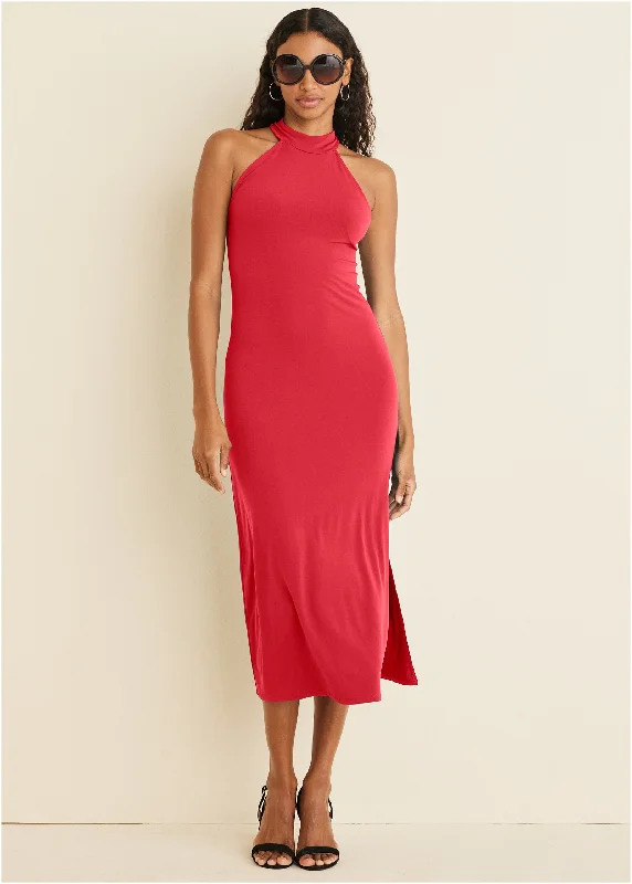 70s - inspired bohemian midi dress with a free - spirited lookHigh Neck Midi Dress - Red 70s - inspired bohemian midi dress with a free - spirited lookHigh Neck Midi Dress - Red