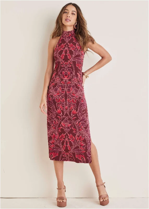 Midi dress for a night out at a club or partyHigh Neck Midi Dress - Nouveau Tapestry