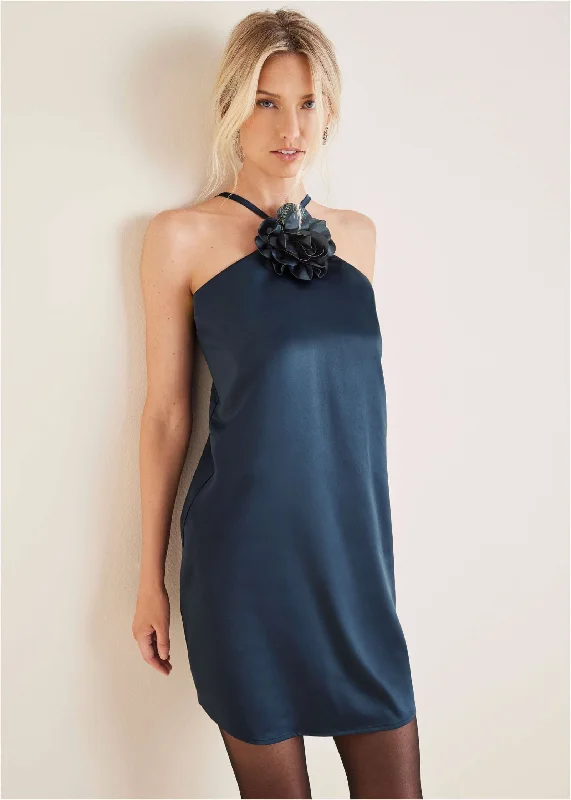 Party Dresses with Sheer Sleeve and Sequined Cuffs and Embroidered Bodice for Ladies' Elegant and Sparkly LookRosette Halter Mini - Navy