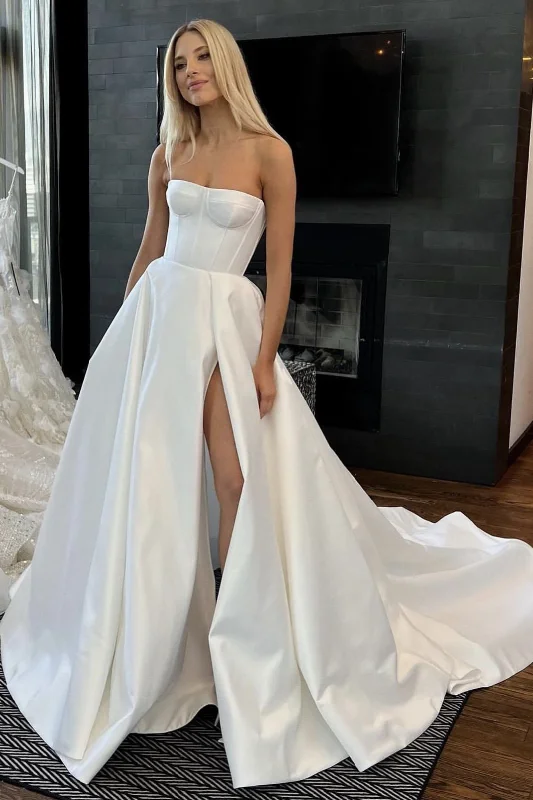 Wedding Dresses with Embroidered Stars and Sequined Dots and Sheer Sleeve and Belt and Embroidered Floral Patterns for a Celestial and Playful Look2024 Strapless Satin Wedding Dress with Split Side