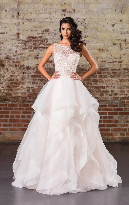 Wedding Dresses with Metallic Sequined Bodice and Chiffon Skirt and Ruffled Hem and Sheer Back for a Glamorous and Flirty Look9847 Wedding Dresses with Metallic Sequined Bodice and Chiffon Skirt and Ruffled Hem and Sheer Back for a Glamorous and Flirty Look9847