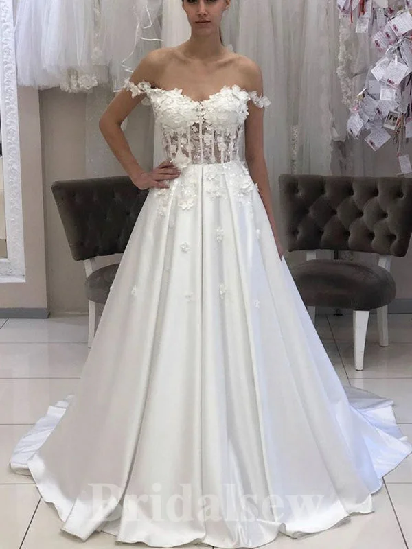 Pearl - studded wedding dress for a refined lookA-line Elegant Satin Off the Shoulder Vintage Dream Beach Slit Long Wedding Dresses, Bridal Gown WD465 Pearl - studded wedding dress for a refined lookA-line Elegant Satin Off the Shoulder Vintage Dream Beach Slit Long Wedding Dresses, Bridal Gown WD465