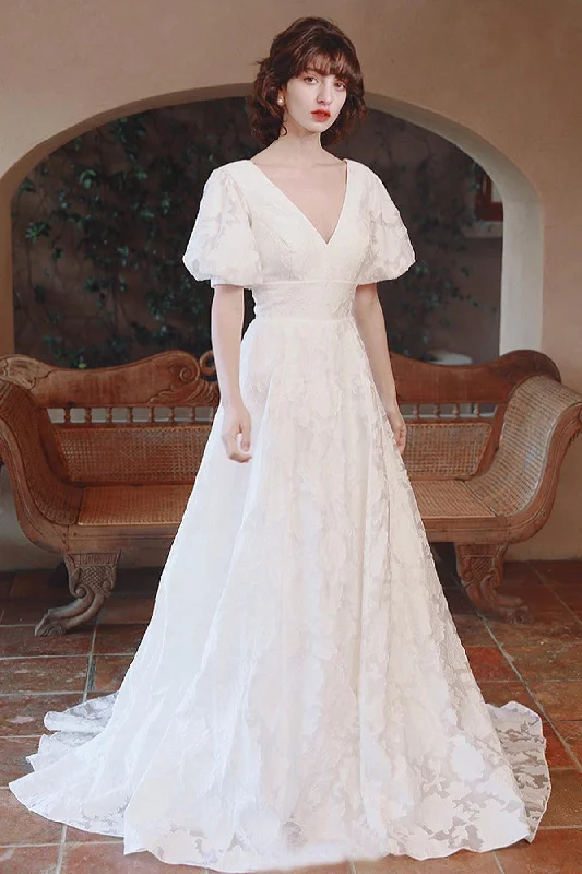 Church - suitable long - sleeved wedding dressA-Line Sweep-Brush Train Printed Gauze Wedding Dress CW3069