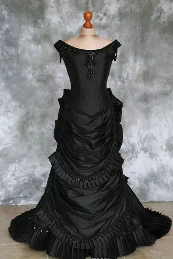 Dark - colored wedding dress for a mysterious brideA-Line Taffeta Bateau Short Sleeve Floor-length Sweep Train Wedding Dress with Ruffles Ruching and Tiers