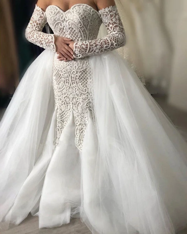 Plus - size mermaid wedding dressMermaid Wedding Dress Lace Sleeves Removable Train