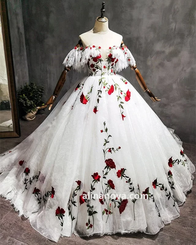 Glamorous mermaid - style wedding dressBall Gown Lace Off Shoulder Wedding Dresses With Red Foral Flowers Glamorous mermaid - style wedding dressBall Gown Lace Off Shoulder Wedding Dresses With Red Foral Flowers