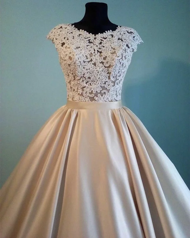 Military - inspired wedding dressModest Ball Gown Satin Wedding Dress With Lace Cap Sleeves Military - inspired wedding dressModest Ball Gown Satin Wedding Dress With Lace Cap Sleeves