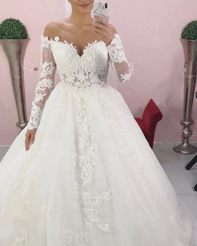 Wedding Dresses with Metallic Sequined Bodice and Chiffon Skirt and Sheer Back and Belt for a Glamorous and Sexy LookSheer Neck Wedding Dress Lace Long Sleeves Wedding Dresses with Metallic Sequined Bodice and Chiffon Skirt and Sheer Back and Belt for a Glamorous and Sexy LookSheer Neck Wedding Dress Lace Long Sleeves