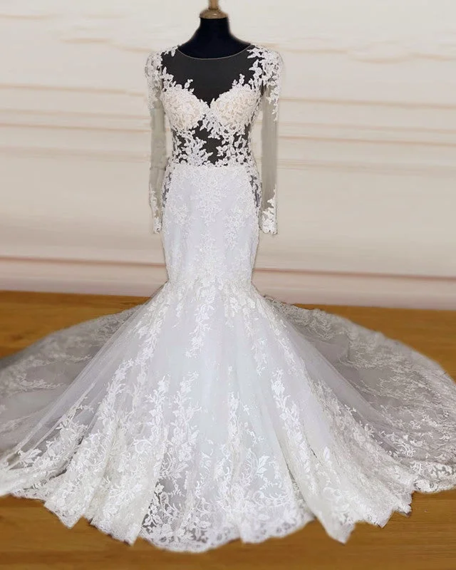 Overskirt - detachable wedding dressElegant Lace Mermaid Wedding Dress Sheer Neckline Long Sleeves Overskirt - detachable wedding dressElegant Lace Mermaid Wedding Dress Sheer Neckline Long Sleeves