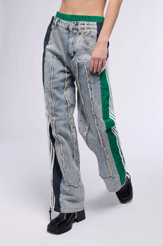 Solid color palazzo pants for women in bright huesALL AROUND THE WORLD PATCHWORK DENIM JOGGER PANT IN GREEN MULTI Solid color palazzo pants for women in bright huesALL AROUND THE WORLD PATCHWORK DENIM JOGGER PANT IN GREEN MULTI