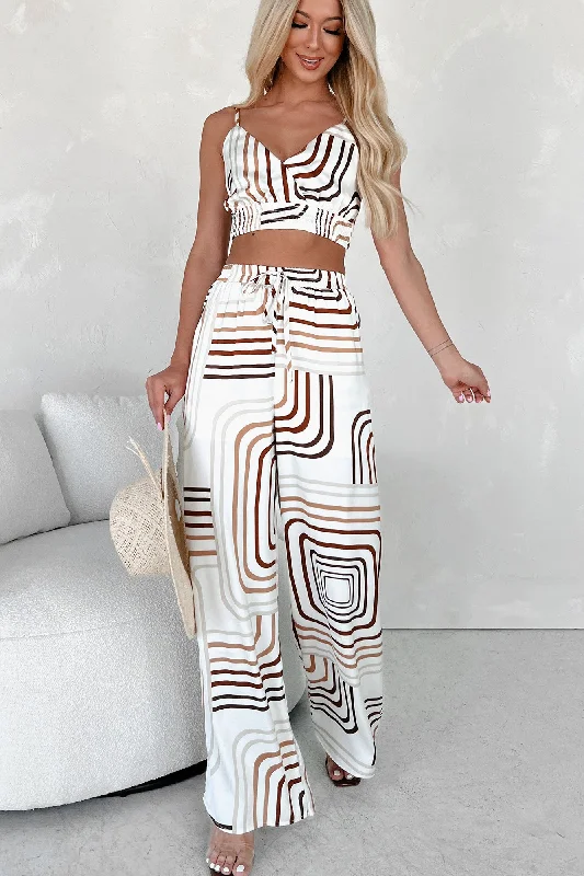Floral embroidered pants for women in a delicate designAppreciate The Aesthetic Satin Geometric Print Pants (Brown Multi)