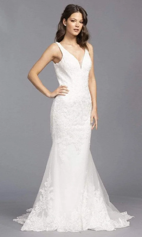 Floral - appliqued wedding dress for a feminine lookAspeed Bridal - L2143 V Neck Embroidered Tulle Bridal Gown