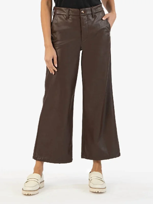 Ankle length dress pants for women in a versatile and formal styleAubrielle High Waist Ankle Wide Leg Faux Leather Pants In Chocolate