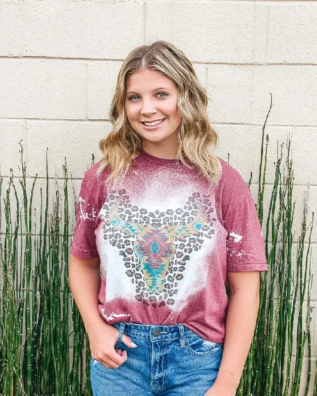 Women's T - shirt with a patch pocket and a button - down frontAztec Leo Steer Head Maroon Tee